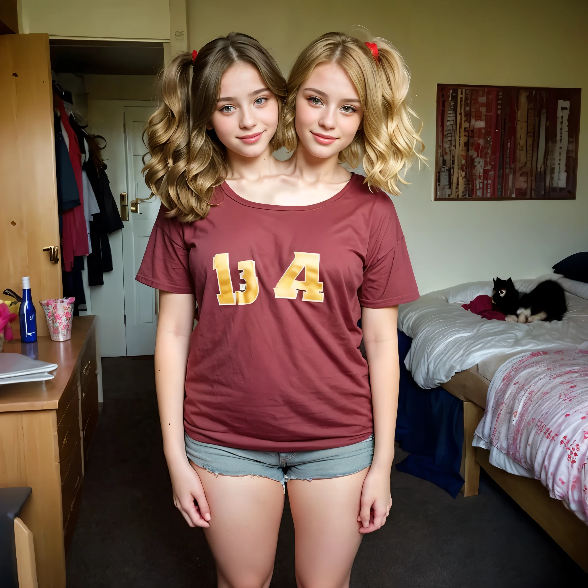 2heads, two headed girl, (two legs:1.5), (13 year old girl:1.4), (red hair:1.5), (blonde hair:1.5)