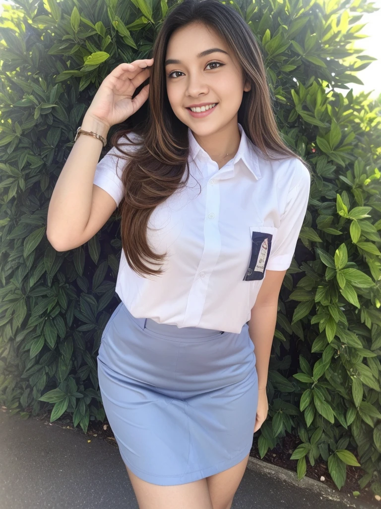 1girl, solo, (uniform), standing cute, outdoors, (ultra wide angle shot: 1.1), detailed face, smooth real skin texture, seductive smile, detailed eyes, thick breasts, smooth skin, tight white shirt, grey blue short skirt, looking at the audience, low angle shot,(8k, RAW photo, best quality, masterpiece: 1.2), (realistic, realistic: 1.3), ultra-high resolution