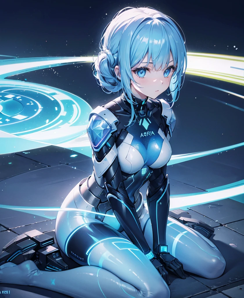 ((Holographic glow effect)),8k, Highest quality, (real:1.4), Original photo, 1 girl, Asari Hair, Biological Amplifier, refined armor, posture: Peace talks between warring factions, smart blue eyes,whole body