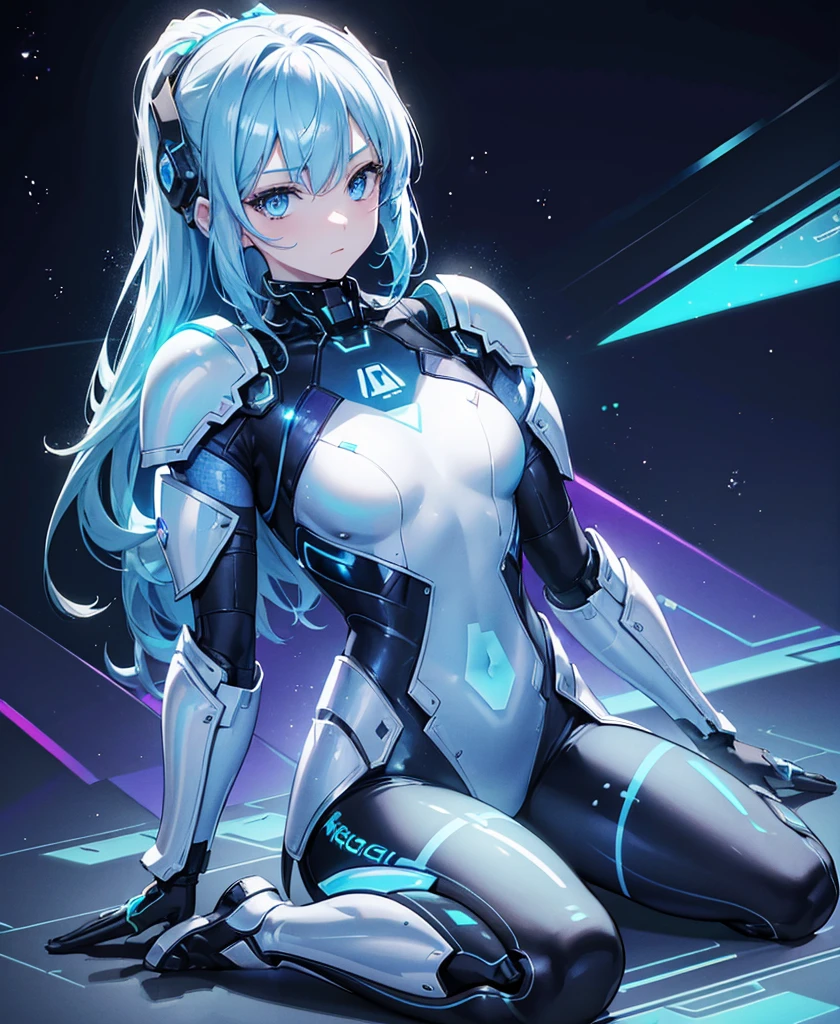 ((Holographic glow effect)),8k, Highest quality, (real:1.4), Original photo, 1 girl, Asari Hair, Biological Amplifier, refined armor, posture: Peace talks between warring factions, smart blue eyes,whole body
