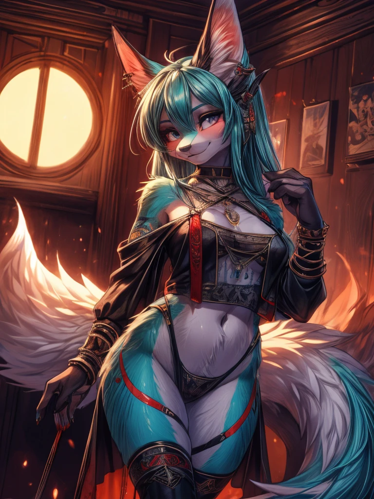 Miku Hatsune, add high definition_detail:1, blue fur,kitsune ears, tribal tattoo add_detail:1,put on the leg, Walking position during the full moon showing her beautiful figure and outfit. (black bare shoulder blouse, mini ahort ) sweaty body add_details:1, smiling add_detailsl:1, ear piercing add_detail:1, covering position in bed add_detail, horny girl add_detail:1, seductive position add_detail:1, RED Saturation, photo style lighting add_detail:1, sensual bondage add_detail, very fine and detailed hands add_detail, angelic face
