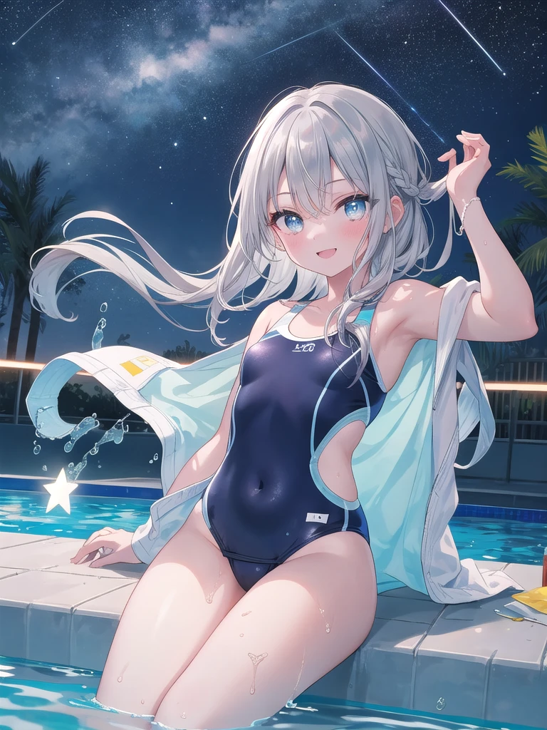 (8k, best quality, master piece: 1.2),super high resolution,1 girl, solo, ((colorshift eyes, hyperdetailed, expressive eyes)), ultra-detailed face, random hair, silver gray color, Ecstatic expression, A girl is sitting on a swim ring in a pool under the stars, looking up at the sky and smiling at the camera. She had curly silver hair, a dark blue swimsuit, and a star-shaped swim ring.