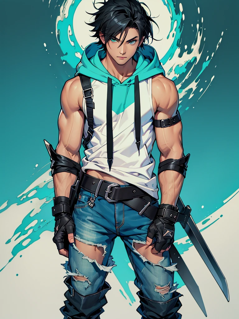 ((Best quality)), ((masterpiece)), top quality), standing alone, Black hair, hair to shoulder's, sleeveless hoodie, ripped jeans, boots, fingerless gloves, male, bright Turquoise eyes, two swords strapped to back