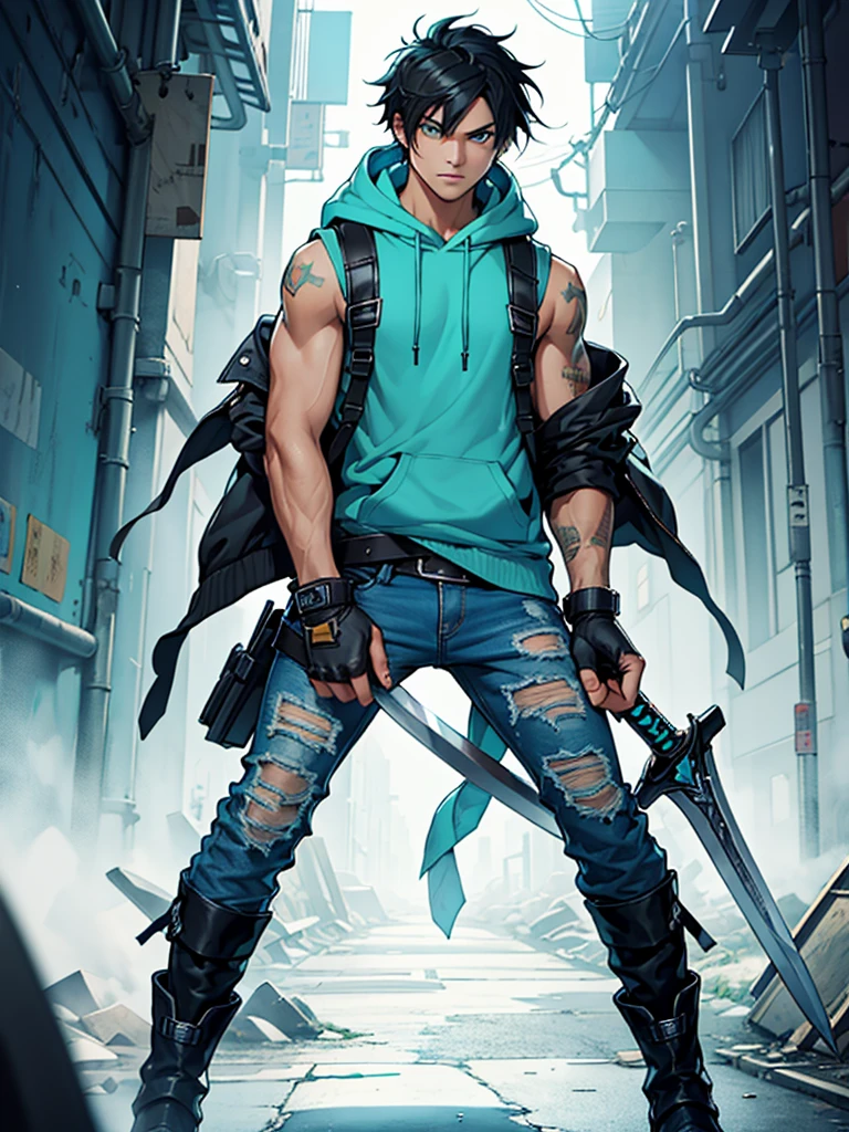 ((Best quality)), ((masterpiece)), top quality), standing alone, Black hair, hair to shoulder's, sleeveless hoodie, ripped jeans, boots, fingerless gloves, male, bright Turquoise eyes, two swords strapped to back