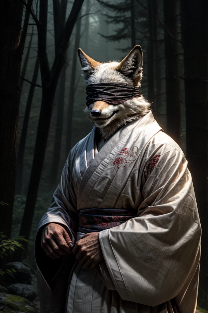 white fox, red tattoo, male, all body, realistic, kimono, elderly, smile, japanese forest, dark forest, spooky atmosphere, Blindfolded with white cloth