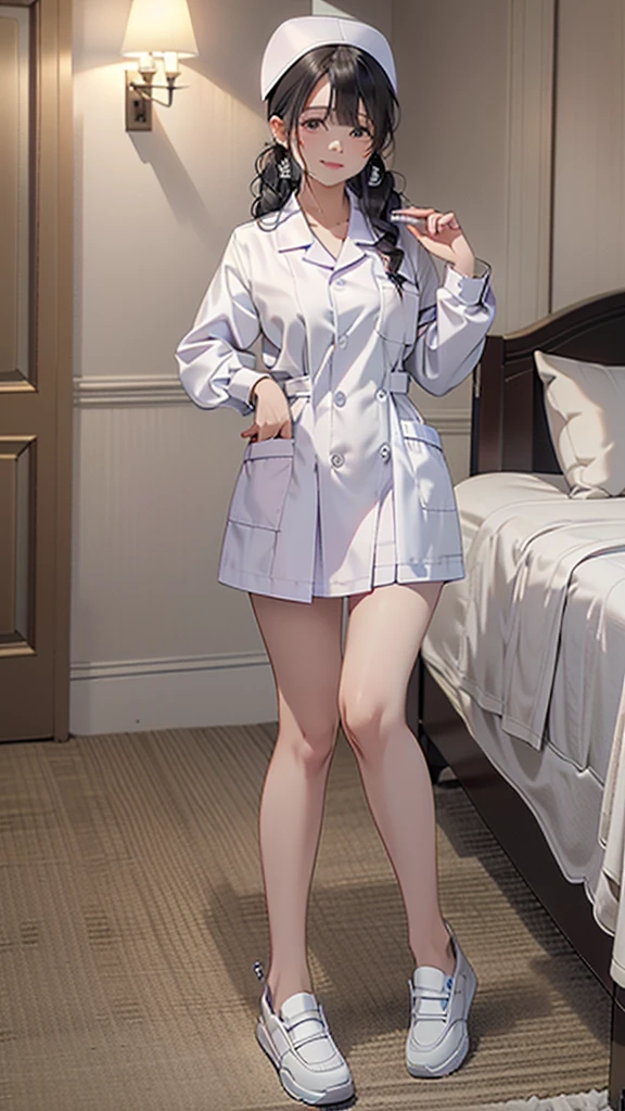 (8k, RAW Photos, 最high quality, masterpiece:1.2), high qualityのRAWカラー写真, Professional photo shoot, Cinematic Light, alone, (((young woman, Gal))), (Sharp features), (Small face), (Skin with attention to detail:1.2), clavicle, Cute Face, Beautiful appearance, Long eyelashes,Embarrassed, (Black Hair, Tied Hair),  ((White Nurse,)), White sneakers,,Embarrassed, Artistic painting,Attractive thighs, (Very nice touch:1.2),A shy smile), Peaceful atmosphere, Oil painting style, Bright colors, (Are standing,Inside the white hospital room, Full body portrait), Smooth texture, Gazing Eyes, Beautiful Skin, Glowing Skin, ((Perfect Fingers, Five Fingers, Anatomically correct)), Background Blur, high quality, Surreal, ((Very detailed, photo shoot)),Many people々、blush、Plump、((Tight fitting sexy nurse uniform))、White Nurse服、nurse、mini skirt、Full Body Shot、White Hospital、白いタイトなmini skirt、Navy cardigan、blush