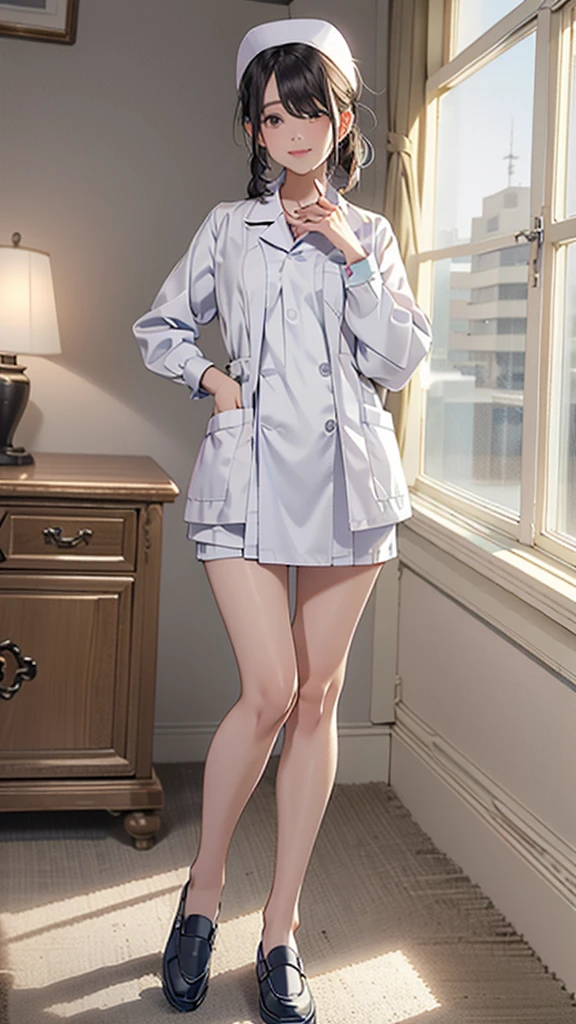 (8k, RAW Photos, 最high quality, masterpiece:1.2), high qualityのRAWカラー写真, Professional photo shoot, Cinematic Light, alone, (((young woman, Gal))), (Sharp features), (Small face), (Skin with attention to detail:1.2), clavicle, Cute Face, Beautiful appearance, Long eyelashes,Embarrassed, (Black Hair, Tied Hair), ((White Nurse,)), White sneakers,,Embarrassed, Artistic painting,Attractive thighs, (Very nice touch:1.2),A shy smile), Peaceful atmosphere, Oil painting style, Bright colors, (Are standing,Inside the white hospital room, Full body portrait), Smooth texture, Gazing Eyes, Beautiful Skin, Glowing Skin, ((Perfect Fingers, Five Fingers, Anatomically correct)), Background Blur, high quality, Surreal, ((Very detailed, photo shoot)),Many people々、blush、Plump、((Tight fitting sexy nurse uniform))、White Nurse服、nurse、mini skirt、Full Body Shot、White Hospital、白いタイトなmini skirt、Navy cardigan、blush