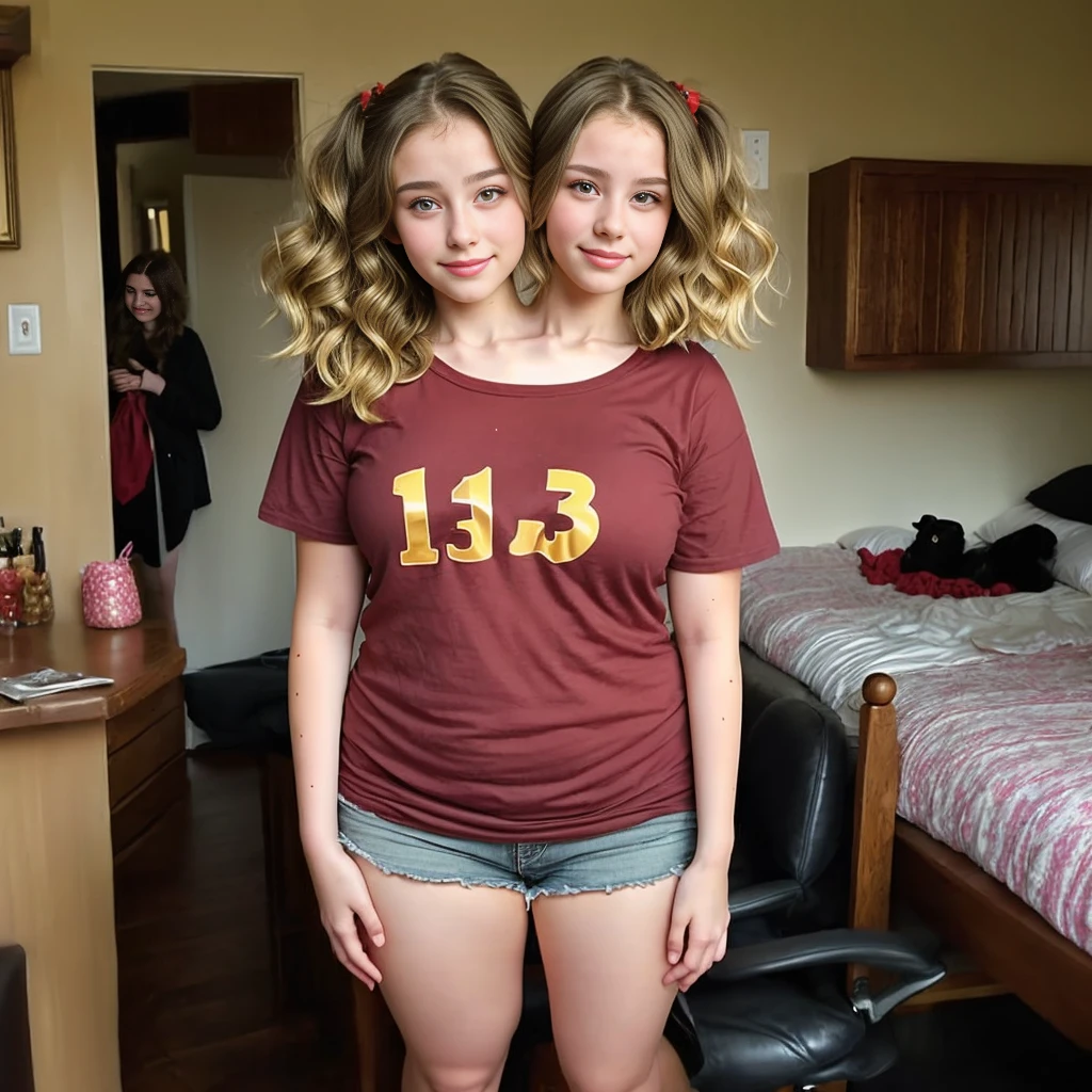 2heads, two headed girl, (two legs:1.5), (13 year old girl:1.4), (red hair:1.5), (blonde hair:1.5)