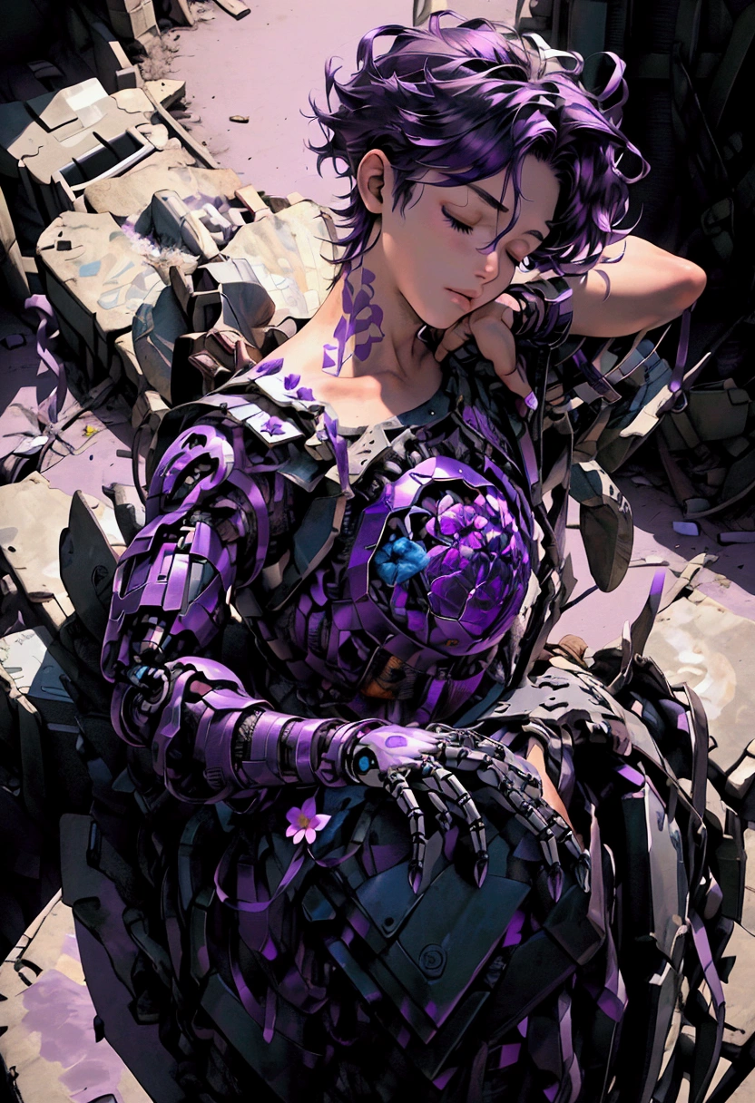 ((Artwork, high quality)), (a robotic hand emerging from a pile of trash and scrap), (delicately holding a flower), (attached to the arm of a teenage boy), (the rest of his body buried beneath the junk), (purple hair), (eyes closed, giving the impression of lifelessness), (environment completely filled with junk). (Male -Boy)






