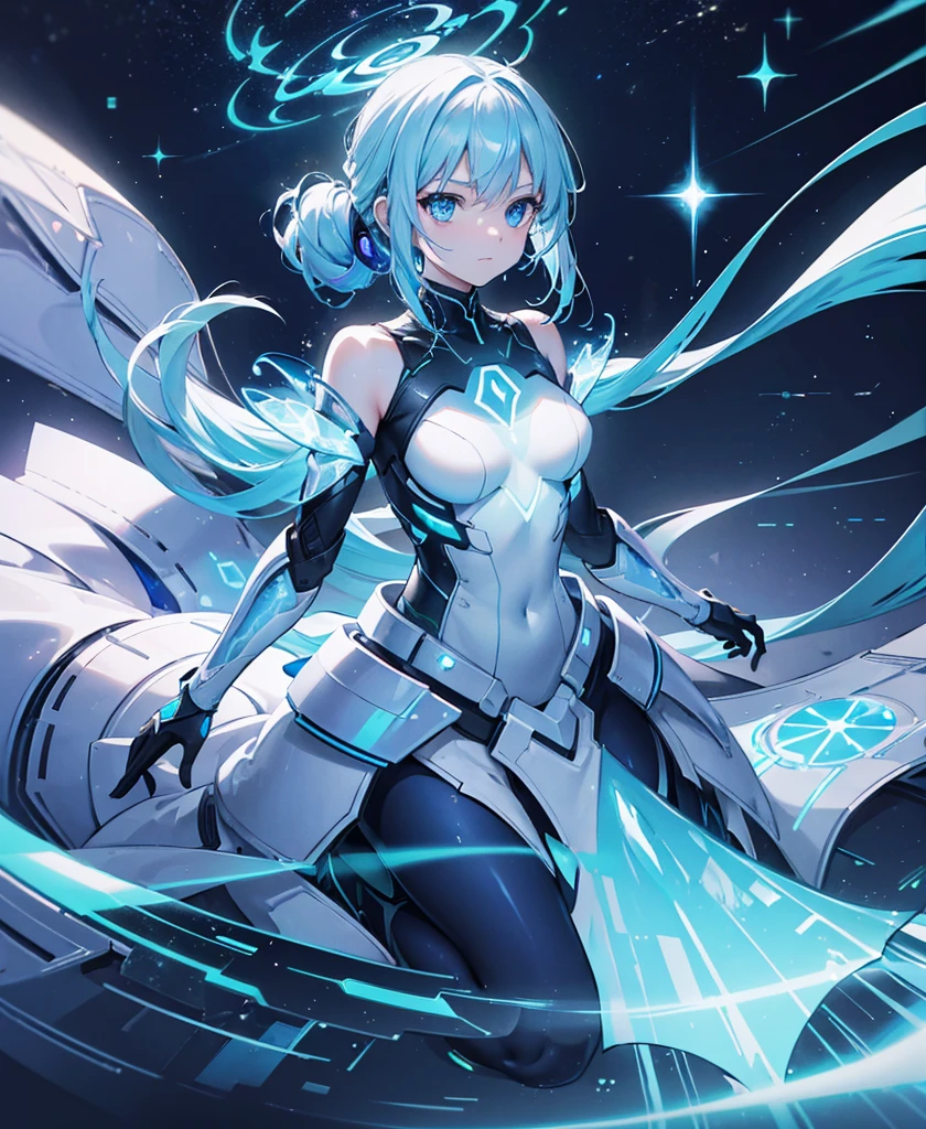 ((Holographic glow effect)),8k, Highest quality, (real:1.4), Original photo, 1 girl, Asari Hair, Biological Amplifier, refined armor, posture: Peace talks between warring factions, smart blue eyes,whole body,Vortex of Light,Band of Light,Wind of Light
