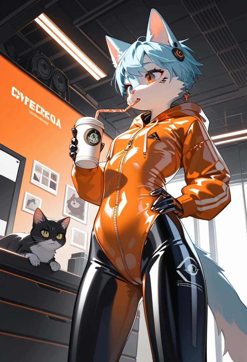 Highest quality, Highest quality, High quality illustrations, masterpiece, Ultra-high resolution, Detailed Background, room, Absurd, Perfect Anatomy, performance, Good lighting, Shadows in the movies(kemono, Furry PersonifiCation), Cat, Rubber Suit, latex, neon, neonライト, neonカラー, Bodysuits, Cyber Suit, cyber punk, Orange Rubber Hoodie, Drinking canned coffee, Earrings, Tattoo, Dynamic Angle