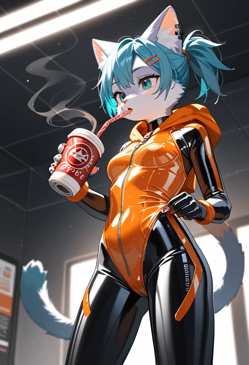 Highest quality, Highest quality, High quality illustrations, masterpiece, Ultra-high resolution, Detailed Background, room, Absurd, Perfect Anatomy, performance, Good lighting, Shadows in the movies(kemono, Furry PersonifiCation), Cat, Rubber Suit, latex, neon, neonライト, neonカラー, Bodysuits, Cyber Suit, cyber punk, Orange Rubber Hoodie, Drinking canned coffee, Earrings, Tattoo, Dynamic Angle