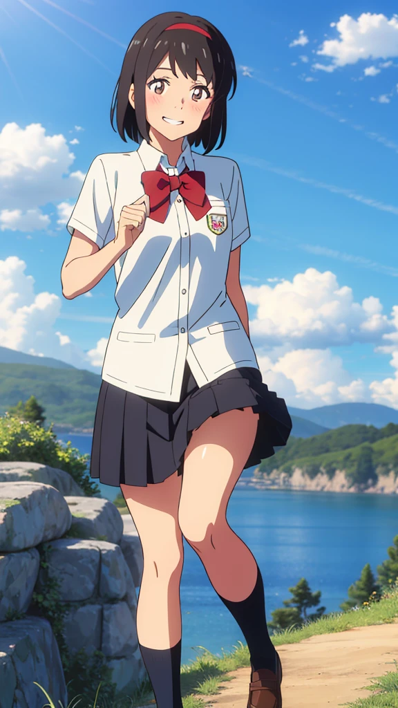 shinkai makoto, kimi no na wa., 1girl, bangs, black hair, blush, expressive eyes, brown eyes, perfect face, looking at the viewer, school outfit, white collared shirt, red headband, red ribbon, red bow, short sleeves, black skirt, short hair, solo, outdoors, shinny skin, smile, cute, grin, cloudy, blue sky, mountains, rocks, standing, (masterpiece), best quality