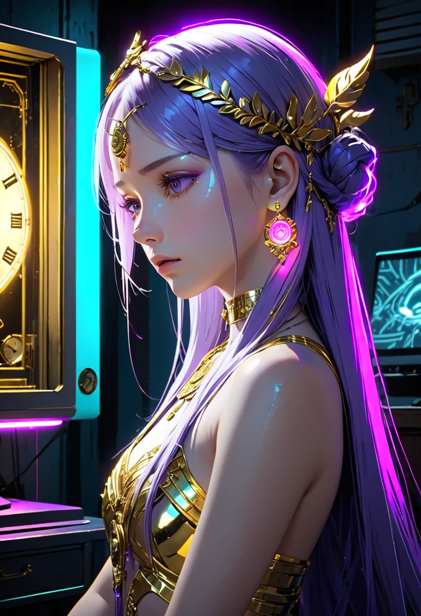 High resolution, high quality, High-resolution model, High detail, Very detailed, goddess, A sad expression, Golden Eyes, Face seen from the side, Her hair is a gradation of silver and purple., Circlet, Neon-like earrings, Neon-like light in the background, In the background, an old clock extends off the screen., West Shot, The background is illuminated with neon-like light from above.