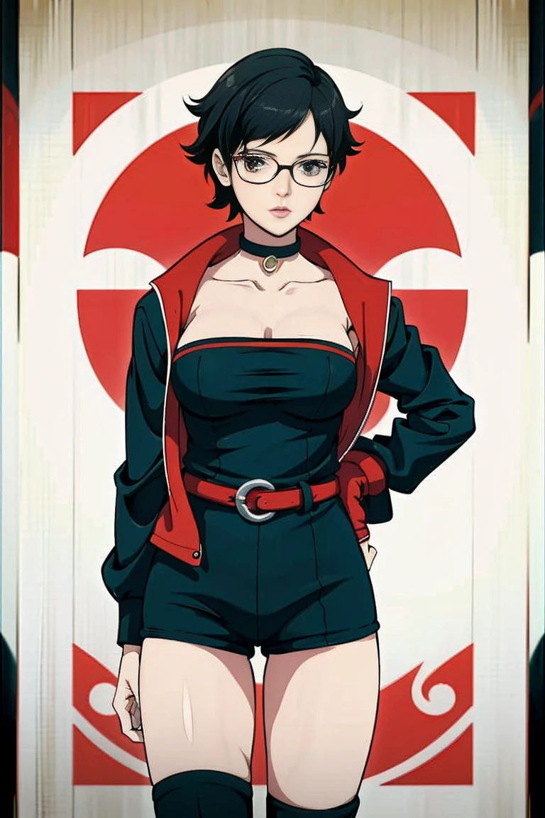 anime girl in a short dress and glasses with a red cape, persona 5 art style wlop, style artgerm, extremely detailed artgerm, ! dream artgerm, ig model | artgerm, female protagonist 👀 :8, realistic anime 3 d style, artgerm portrait, anime styled 3d, realistic anime artstyle ((( same  pose showing belly)))(((naked)))((((no jacket)))(((((different image)))))