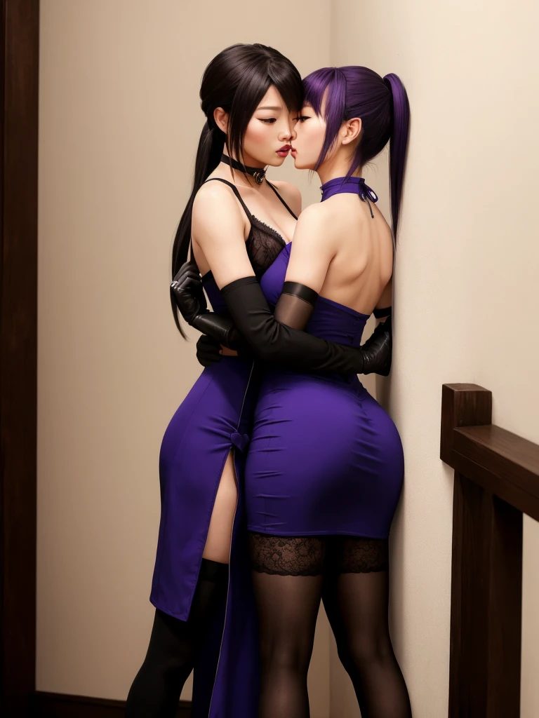 Sexy Ayane and Kasumi from DOA (Dead or Alive), 2 girls, wearing sexy traditional asian clothing, full picture, full shot, shot from head to toes, wearing stockings, wearing lace stockings, wearing long gloves, wearing high heels or high boots, wearing long gloves, wearing corsait, wearing choker, heavy makeup, ponytail, armed with swords, looking like ninja, vivid eyes, standing, making out, kissing passionately, hugging, one is pushed to the wall and her backs are touching the wall, rich palace bedroom background