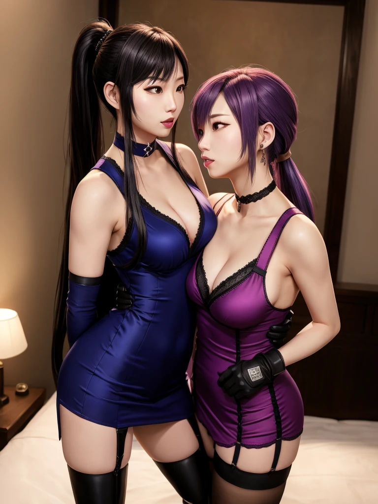 Sexy Ayane and Kasumi from DOA (Dead or Alive), 2 girls, wearing sexy traditional tight asian dresses, wearing dress, noble elegant dress, perfect body shape, seductive poses, full picture, full shot, shot from head to toes, show both head and full legs, wearing stockings, wearing lace stockings, wearing long gloves, wearing high heels or high boots, high heels, high boots, wearing long gloves, wearing corsait, wearing choker, heavy makeup, ponytail, looking like ninja, ninja, looking like kunoichi, kunoichi, vivid eyes, standing, making out, kissing passionately, violent, aggressive, using violence, hugging, one is pushed to the wall and her backs are touching the wall, rich palace bedroom background