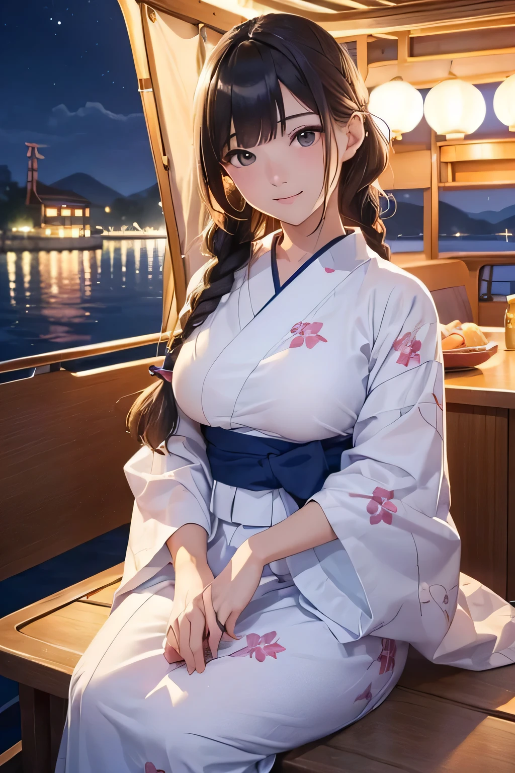 Highest quality、High resolution、Detailed Background、(Beautiful face in every detail:1.4)、Anatomically correct、Detailed facial expressions、(Detailed eyes:1.2)、age beauty、(Huge breasts:1.2)、Light color hair、Braided Ponytail、Braided bob cut、Braided Long Hair、cute gesture、Midsummer evening、summer boat、Relaxed atmosphere、Cowboy Shot、
(Two pretty girls enjoying a date night on a summer boat:1.5)、
Board a summer boat moored on a deck along the river、Illuminated ship deck、Board the boat with a woman dressed in a cute yukata.、The night breeze blows pleasantly through the boat as it slowly makes its way down the river.、The shining moonlight gently illuminates the surface of the river.、Enjoy the night view along the river、cute