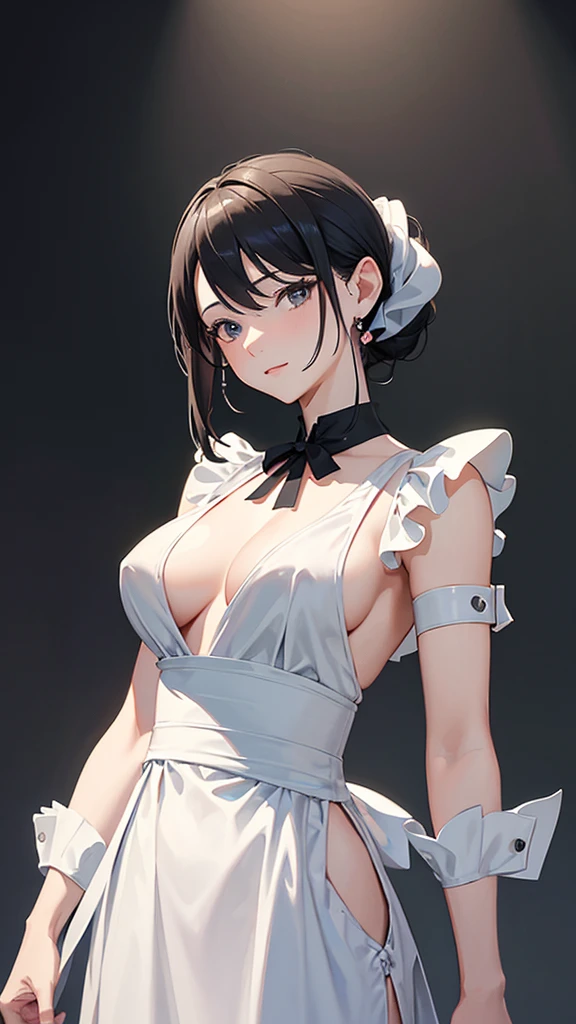 {masterpiece},high quality, 4K, 2D, 1 girl,simple background, 43 yo,attractive mature lady, standing,sagging breast,Maid clothes,front face,attractive mature lady,black hair tied into a chignon, {from right in front of face and body},View viewers from front,{front facing shot}