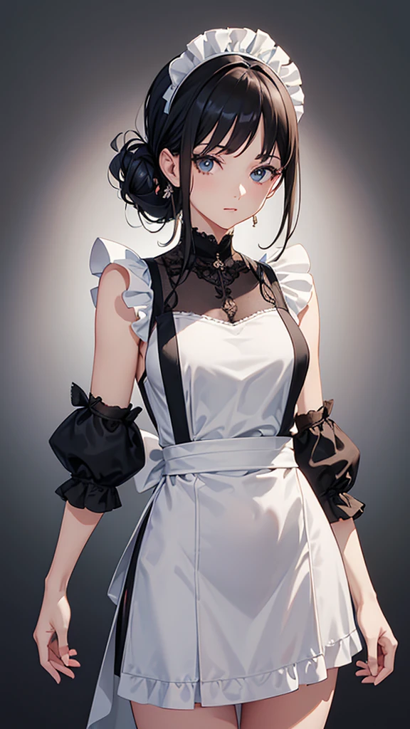 {masterpiece},high quality, 4K, 2D, 1 girl,simple background, 43 yo,attractive mature lady, standing,sagging breast,Maid clothes,front face,attractive mature lady,black hair tied into a chignon, {from right in front of face and body},View viewers from front,{front facing shot}