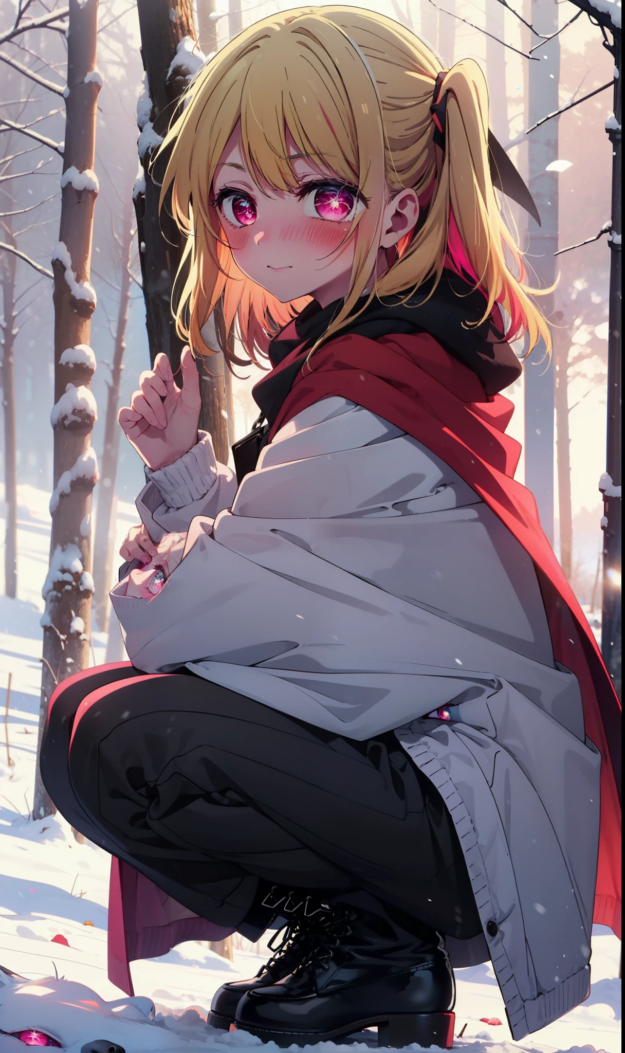 rubyhoshino, Hoshino Ruby, Long Hair, bangs, blonde, (Pink Eyes:1.3), Side Lock, (Symbol-shaped pupil:1.5), Multicolored Hair, Two-tone hair, smile,,smile,blush,white breath,
Open your mouth,snow,Ground bonfire, Outdoor, boots, snowing, From the side, wood, suitcase, Cape, Blurred, , forest, White handbag, nature, Squat, Mouth closed, Cape, winter, Written boundary depth, Black shoes, red Cape break looking at viewer, Upper Body, whole body, break Outdoor, forest, nature, break (masterpiece:1.2), Highest quality, High resolution, unity 8k wallpaper, (shape:0.8), (Beautiful and beautiful eyes:1.6), Highly detailed face, Perfect lighting, Extremely detailed CG, (Perfect hands, Perfect Anatomy),
