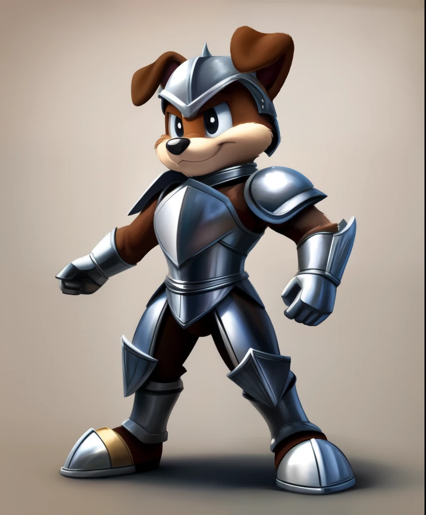Jackson Wells the brown anthro pup The dog in the image is wearing a suit of armor that appears to be made of metal. It has a breastplate, shoulder guards, and leg guards, full body view, pose, tiny toons style