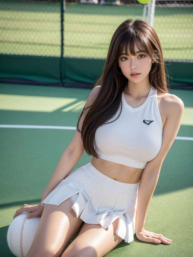 White tennis wear, tennis racket, Tennis ball, Tennis court, (Highest quality) , ((Very detailed)) , 4K , (8k) , masterpiece, Very detailedな, Highest quality, Super Resolution, 1 person, Crying a little, Soft Light, RAW quality, Soft Skin, 152 cm , 18-year-old girl, Cute type, Big Natural Color Lip, positive, Spread your legs， ((Provocative dynamic pose)), (Perfect figure)Beautiful legs, Voluptuous thighs, Soft long hair, bangs, Brown Hair, 1 personの女の子, Highest Resolution, Big and pretty eyes, An obvious double, White Pleated Micro Mini Skirt, No underwear, Voluptuous thighs, Plump body, Huge breasts, (Expresses the roundness and softness of the chest area....1) , I&#39;I sweated a little., Skirt flip, (beautiful pussy line), erotic