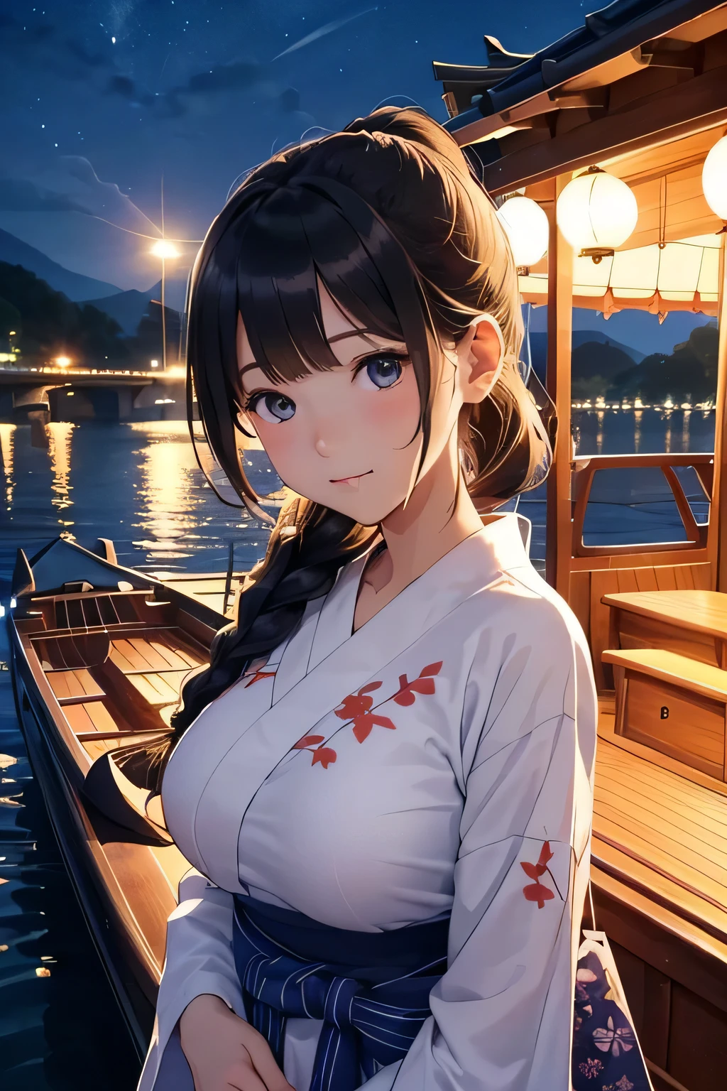 Highest quality、High resolution、Detailed Background、(Beautiful face in every detail:1.4)、Anatomically correct、Detailed facial expressions、(Detailed eyes:1.2)、age beauty、(Huge breasts:1.2)、Light color hair、Braided Ponytail、Braided bob cut、Braided Long Hair、cute gesture、Midsummer evening、summer boat、Relaxed atmosphere、Cowboy Shot、
(Two pretty girls enjoying a date night on a summer boat:1.5)、
Board a summer boat moored on a deck along the river、Illuminated ship deck、Board the boat with a woman dressed in a cute yukata.、The night breeze blows pleasantly through the boat as it slowly makes its way down the river.、The shining moonlight gently illuminates the surface of the river.、Enjoy the night view along the river、cute
