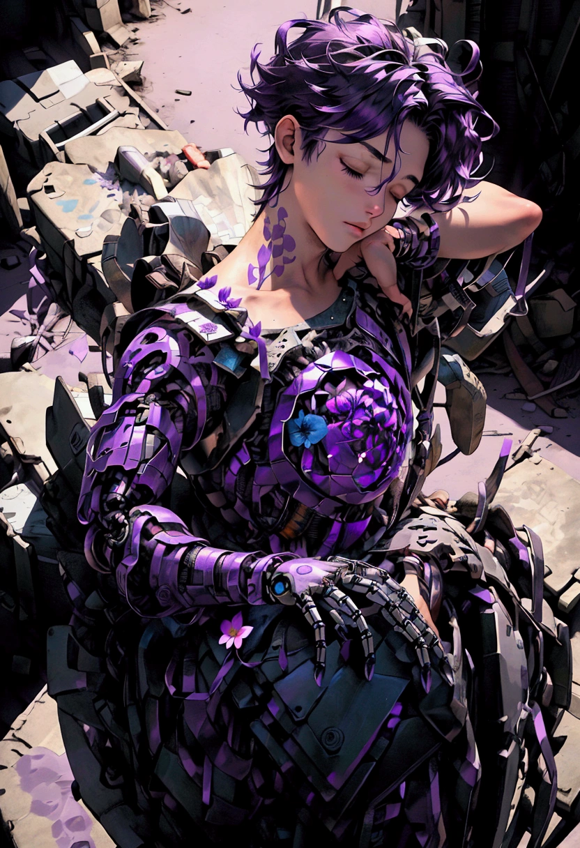 ((Artwork, high quality)), (a robotic hand emerging from a pile of trash and scrap), (delicately holding a flower), (attached to the arm of a teenage boy), (the rest of his body buried beneath the junk), (purple hair), (eyes closed, giving the impression of lifelessness), (environment completely filled with junk). (Male -Boy)






