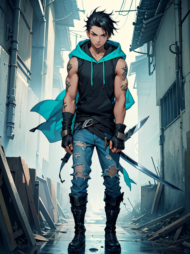 ((Best quality)), ((masterpiece)), top quality), standing alone, Black hair, hair to shoulder's, black sleeveless hoodie, ripped jeans, boots, fingerless gloves, male, bright Turquoise eyes, two swords strapped to back, parted hairline 