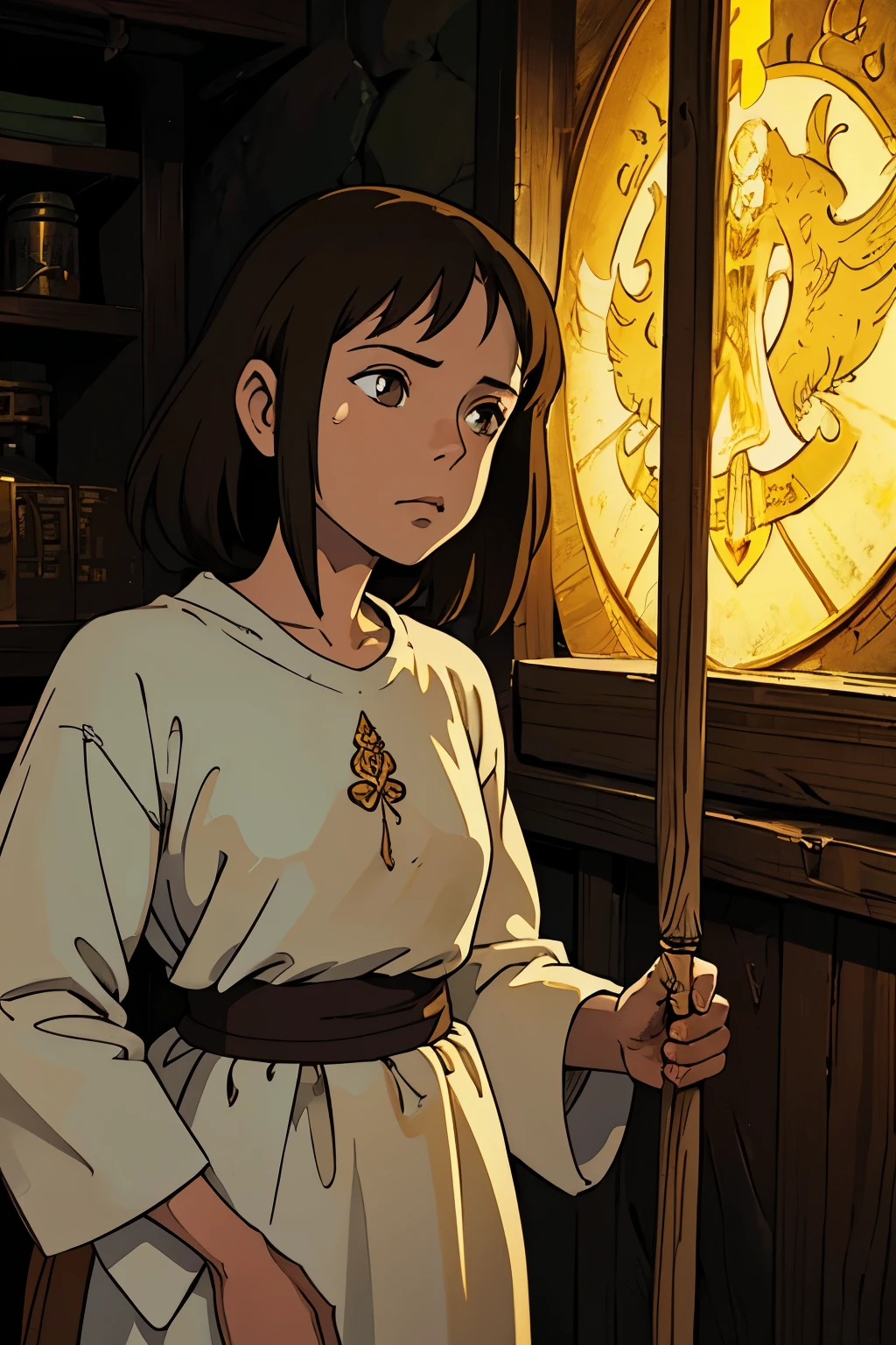 aasimar, budha, brown hair, golden eyes, brown eyes, ragged clothes, sloppy, tired, girl, simple clothes, white skin, enlightened, dungeons and dragons, medieval, thin, princess jasmine