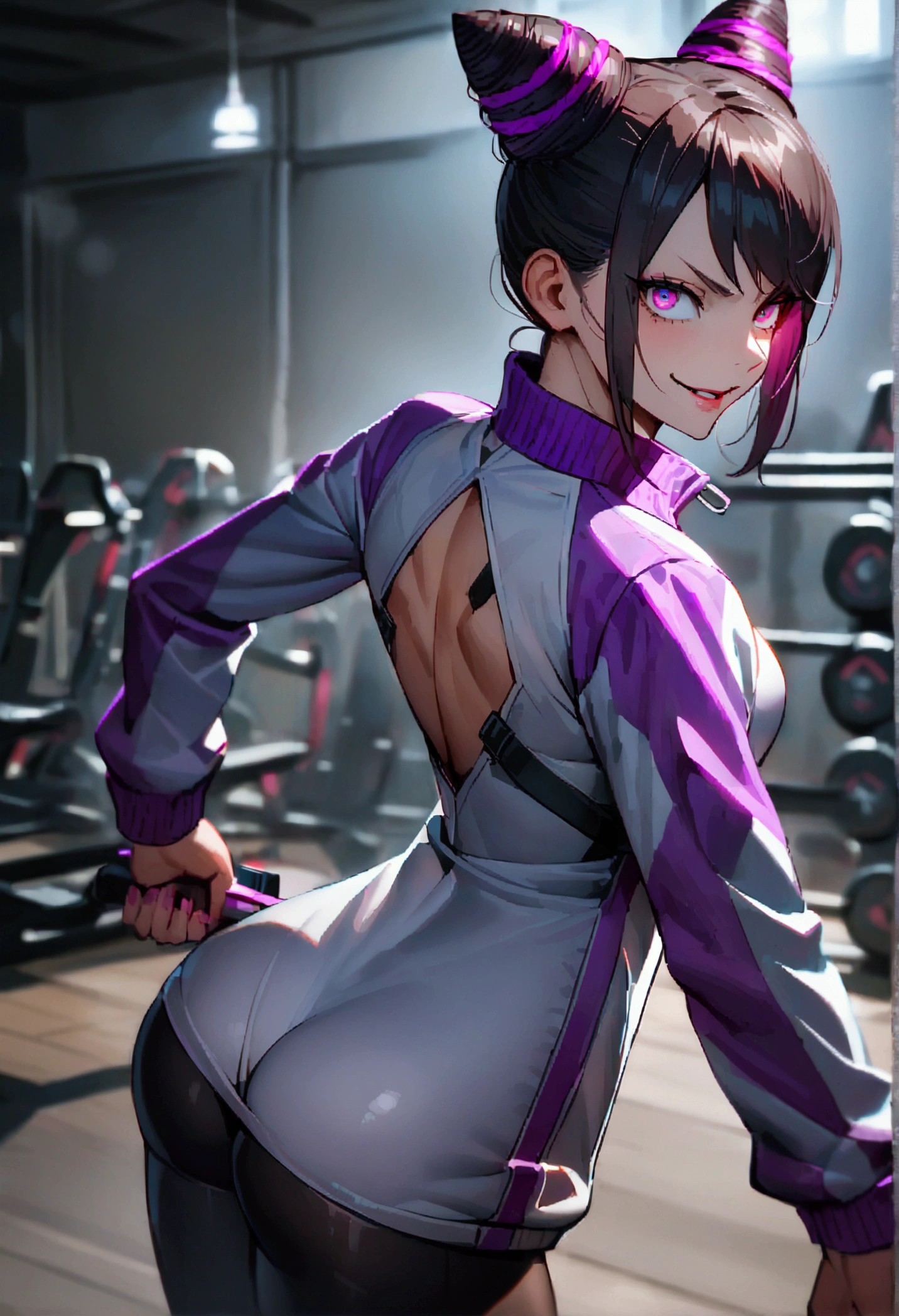 beautiful young fitness woman with , in a gym wearing May with black pantyhose, tight white and purple gym jacket. standing alone,hair horns,glowing purple eyes,Evil smile,legging preto,looking back