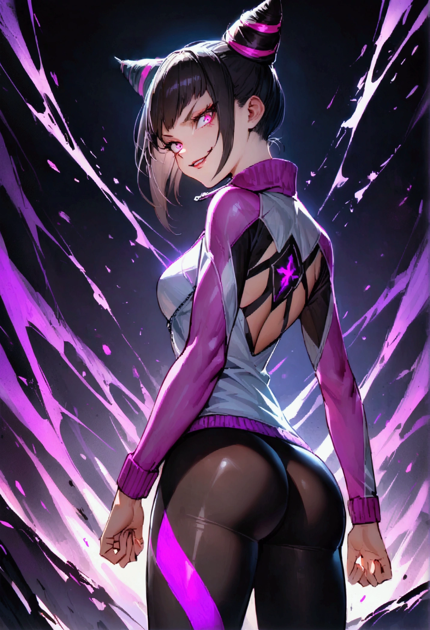 beautiful young fitness woman with , in a gym wearing May with black pantyhose, tight white and purple gym jacket. standing alone,hair horns,glowing purple eyes,Evil smile,legging preto,looking back
