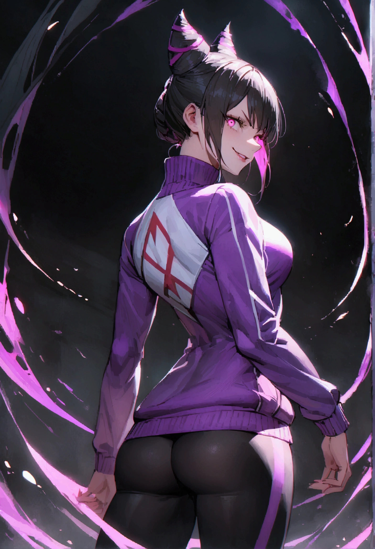 beautiful young fitness woman with , in a gym wearing May with black pantyhose, tight white and purple gym jacket. standing alone,hair horns,glowing purple eyes,Evil smile,legging preto,looking back