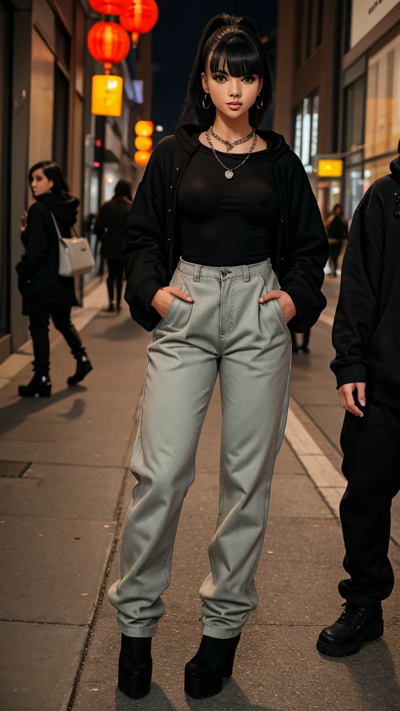 Alisha Lehmann skinny sexy model, black hair with Chinese bangs She is wearing a big oversized black hoodie oversized street wear tendy wear hands in pockets and big baggy oversized black sweatpants she has small sexy breasts ankle boots heels sexy skinny thighs,full body view,night out streets wearing big hooves earrings, necklace chain,no tattoo walking , big hooves earrings, facing the camera full body view hands in pockets all fingers in pockets oversized high waist baggy pants both hands in pockets looking at the camera