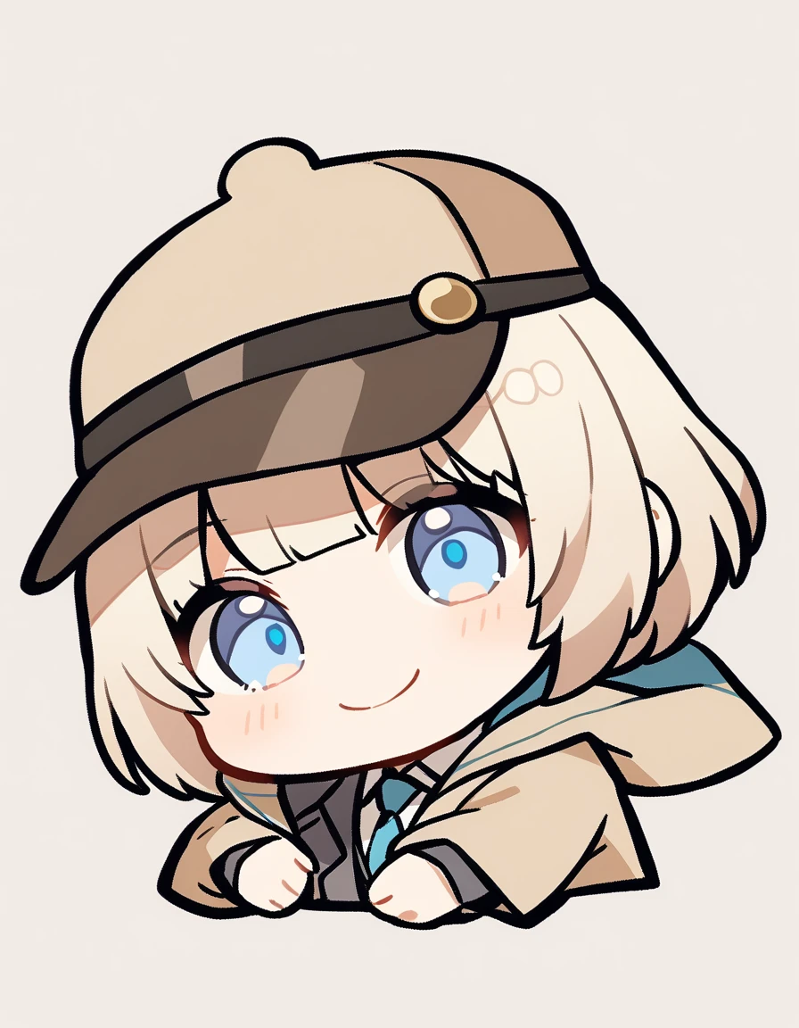 One girl, Beige hair、long、Bangs、Detective Suit、chibi,Light blue eyes、simple background、Smile