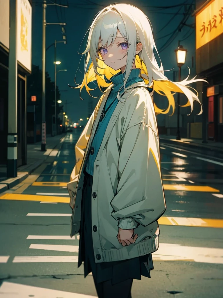 A little dark anime style、Gray Hair、10th Generation、Light purple eyes、Sadness face、Black hoodie、White sleeves、White shortorning town view