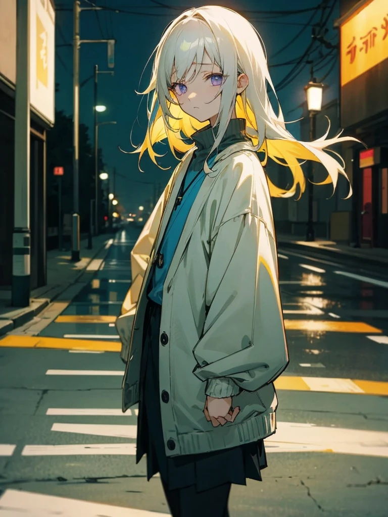 A little dark anime style、Gray Hair、10th Generation、Light purple eyes、Sadness face、Black hoodie、White sleeves、White shortorning town view