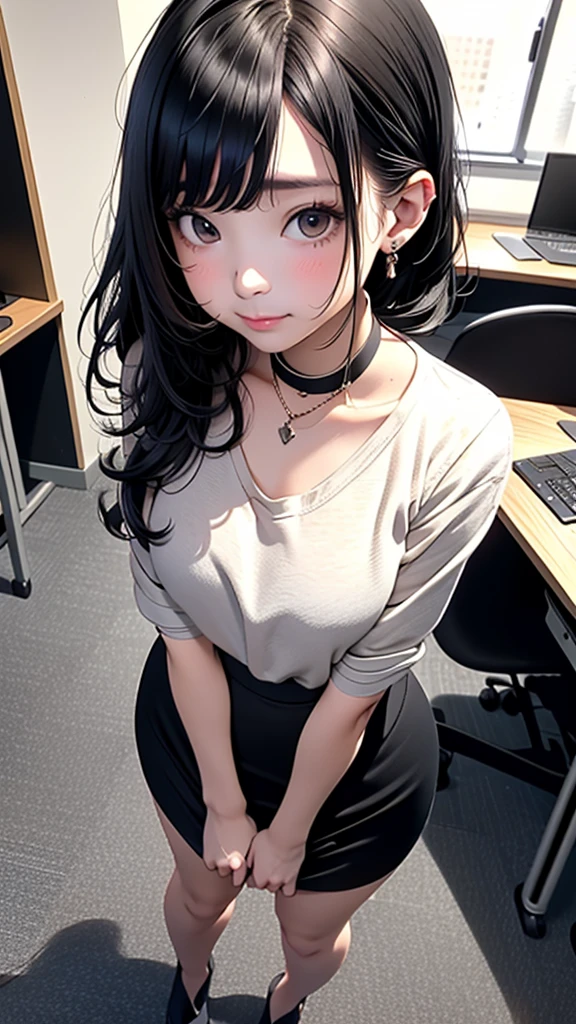 (8k, RAW Photos, 最high quality, masterpiece:1.2), high qualityのRAWカラー写真, Professional photo shoot, Cinematic Light, alone, (((young woman, Gal))), (Sharp features), (Small face), (Skin with attention to detail:1.2), clavicle, Cute Face, Beautiful appearance, Long eyelashes,Embarrassed, (Black Hair, ponytail), ((office)), Black heels,,Embarrassed, Artistic painting,Attractive thighs, (Very nice touch:1.2),A shy smile), Peaceful atmosphere, Oil painting style, Bright colors, (Are standing:1.5, office, Full body portrait), Smooth texture, Gazing Eyes, Beautiful Skin, Glowing Skin, ((Perfect Fingers, Five Fingers, Anatomically correct)), Background Blur, high quality, Surreal, ((Very detailed, photo shoot)),Many people々、blush、Plump、((businessシャツ))、School classroom、((タイトmini pencil skirt))、Full Body Shot、Black Pantyhose、Surrounded by students at school、((officeレディ))、Grab the skirt、mini pencil skirt、blushしてうつむく、Plump、gentlemen、business、Tight Skirt、Plumpの太もも