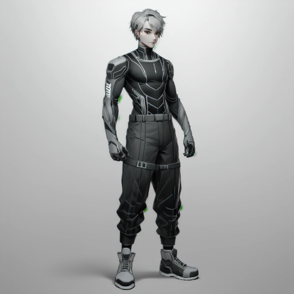 Enhance render style, dark grey outfit, dark grey color scheme, monochrome, white background,