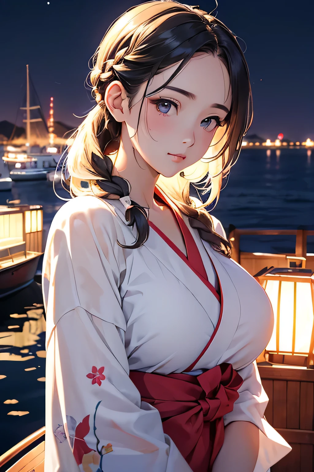 Highest quality、High resolution、Detailed Background、(Beautiful face in every detail:1.4)、Anatomically correct、Detailed facial expressions、(Detailed eyes:1.2)、Teenage beauty、(Huge breasts:1.2)、Light color hair、Braided Ponytail、Braided bob cut、Braided Long Hair、cute gesture、Midsummer evening、summer boat、Relaxed atmosphere、Cowboy Shot、

(Two pretty girls enjoying a date night on a summer boat:1.5)、

Board a summer boat moored on a deck along the river、Illuminated ship deck、Board the boat with a woman dressed in a cute yukata.、The night breeze blows pleasantly through the boat as it slowly makes its way down the river.、The shining moonlight gently illuminates the surface of the river.、Enjoy the night view along the river、cute