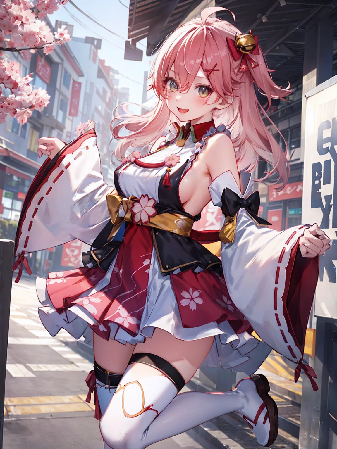 masterpiece, best quality, highres, miko1, sakura_miko, 1girl, big_boobs, solo, ahoge, x_hair_ornament, pink_hair, floral print, hairclip,(side_less_clothes:1.5), (side_boobs:1.5), hair_bell, floral print, long_hair, hair between eyes, one side up, white thighhighs, asymmetrical legwear, wide sleeves, open_mouth,(happy:1.3),gleen_eyes,big_smile,(rise_leg:1.3),plump,apart_legs,(overly_long_sleeves:1.3),),sleeves_past_wrists,hands_hidden_sleeves,sidelock_clothes,dynamic_posing,solo,hidden_wrists,(XD:1.4),covered_nipples,sunlight,cherryblossom_background,