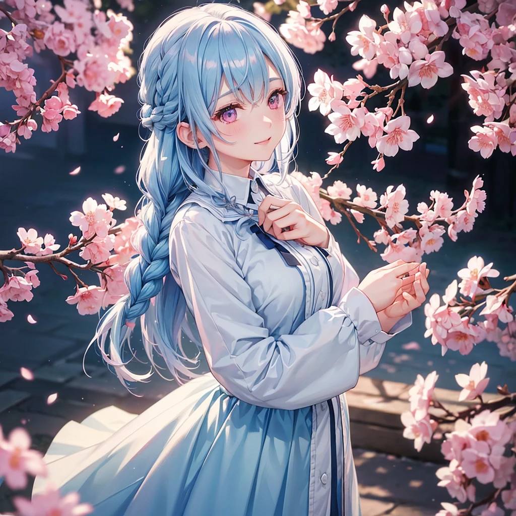 (Light Blue Medium Hair),(Braided Hair)、Pink Eyes、Fair skin、(whole body)、(uniform)、Cherry Blossoms at Night、Big smile、A dignified figure、alone、(masterpiece、Highest quality、Very detailed、Best Shadow)、(Detailed Background)、(Beautifully detailed face)、High Contrast、(Best lighting、Very delicate and beautiful)、((Cinematic Light))、colorful、Hyper Detail、Dramatic Light、Exquisite detail、