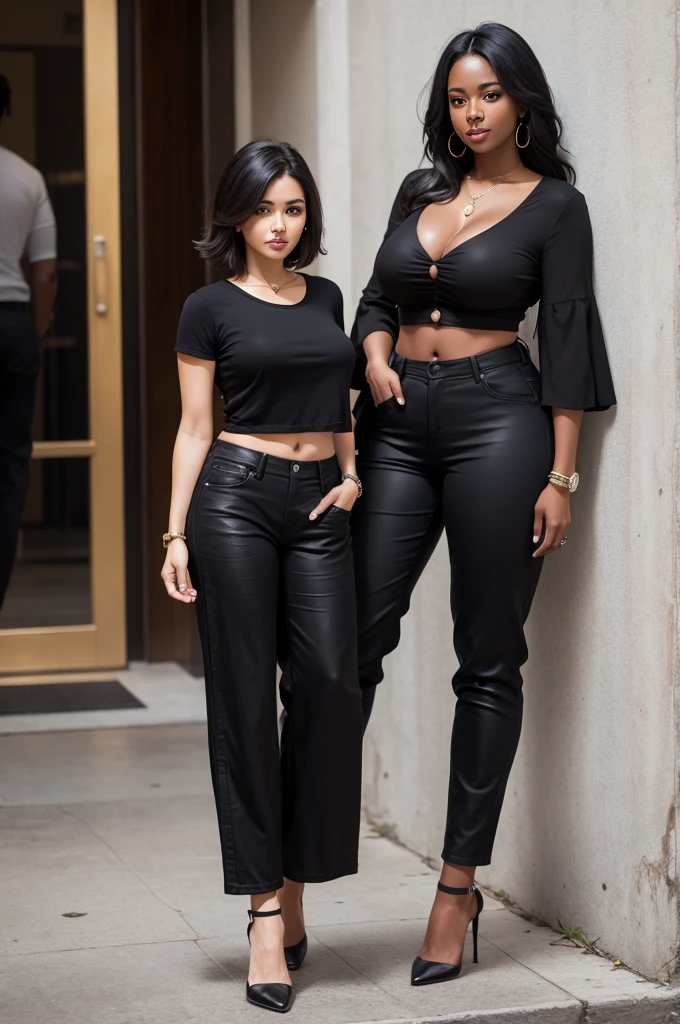 Full body, black skin, Loose pants, nice style, cabelos crespo, tall, adult women