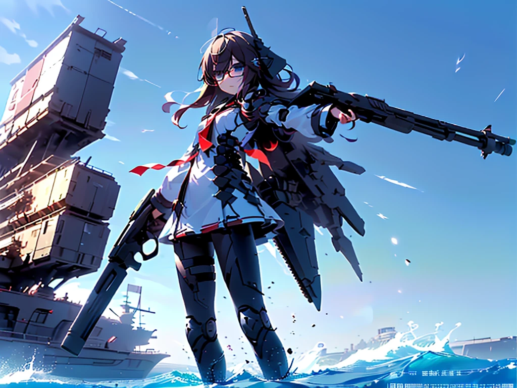 (((masterpiece, Vision))), ((((Full body of a woman with perfect flat chest、1 Female、solo、Short unkempt black hair、Tie your messy hair at the nape of your neck、white military jacket、Miko costume、black tights、Black glasses are black、White military cap、Cloudy black eyes、Confused eyes、Junyo-inspired emblem、Ship-style boots)))), (((Shipgirl))), ((Floating on the morning sea with both feet)), (Standing with your legs apart)), Aim, (Hold the shotgun turret grip with your right hand), (Four mechanical tentacles covered in white armor extend from its back.), (Holding a shotgun with metal tentacles), (Equipped with a bridge on the back), (His left arm holds the grip of a triple-barreled shotgun),
