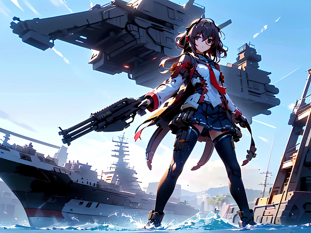 (((masterpiece, Vision))), ((((Full body of a woman with perfect flat chest、1 Female、solo、Short unkempt black hair、Tie your messy hair at the nape of your neck、white military jacket、Miko costume、black tights、Black glasses are black、White military cap、Cloudy black eyes、Confused eyes、Junyo-inspired emblem、Ship-style boots)))), (((Shipgirl))), ((Floating on the morning sea with both feet)), (Standing with your legs apart)), Aim, (Hold the shotgun turret grip with your right hand), (Four mechanical tentacles covered in white armor extend from its back.), (Holding a shotgun with metal tentacles), (Equipped with a bridge on the back), (His left arm holds the grip of a triple-barreled shotgun),