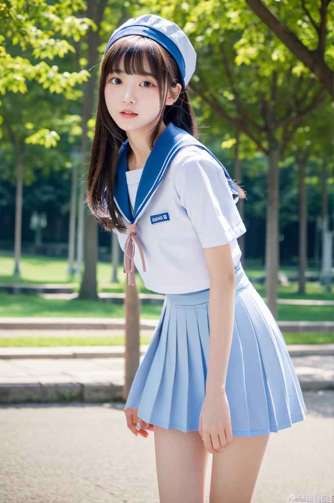 top-quality、masterpiece、hight resolution、4K、real 18 year old woman、Light blue sailor suit、Pleated mini-skirt a park、Puku Face、Semi-long hair、1girl in、nude