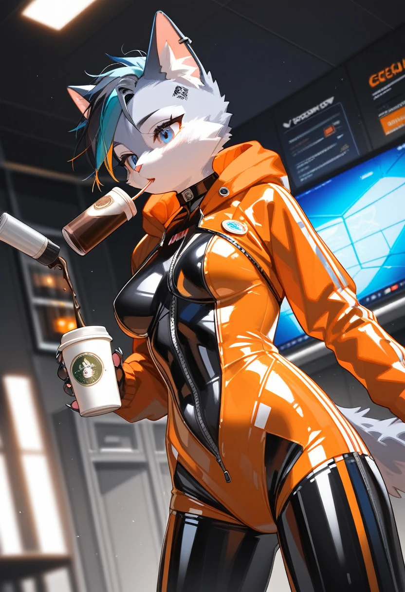Highest quality, Highest quality, High quality illustrations, masterpiece, Ultra-high resolution, Detailed Background, room, Absurd, Perfect Anatomy, performance, Good lighting, Shadows in the movies(kemono, Furry PersonifiCation), Cat, Rubber Suit, latex, neon, neonライト, neonカラー, Bodysuits, Cyber Suit, cyber punk, Orange Rubber Hoodie, Drinking canned coffee, Earrings, Tattoo, Dynamic Angle