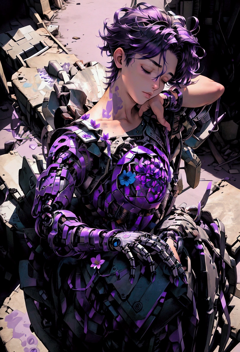 ((Artwork, high quality)), (a robotic hand emerging from a pile of trash and scrap), (delicately holding a flower), (attached to the arm of a  boy), (the rest of his body buried beneath the junk), (purple hair), (eyes closed, giving the impression of lifelessness), (environment completely filled with junk). (Male -Boy)






