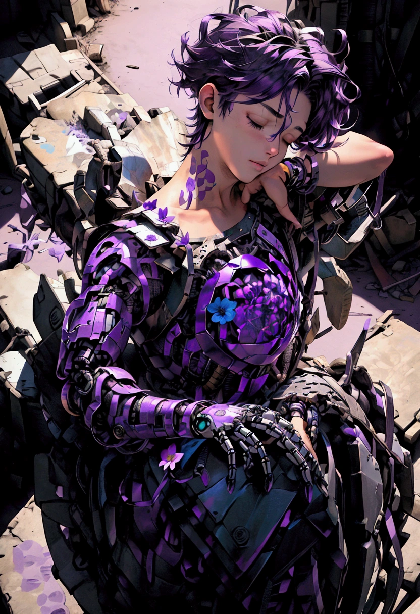 ((Artwork, high quality)), (a robotic hand emerging from a pile of trash and scrap), (delicately holding a flower), (attached to the arm of a teenage boy), (the rest of his body buried beneath the junk), (purple hair), (eyes closed, giving the impression of lifelessness), (environment completely filled with junk). (Male -Boy)






